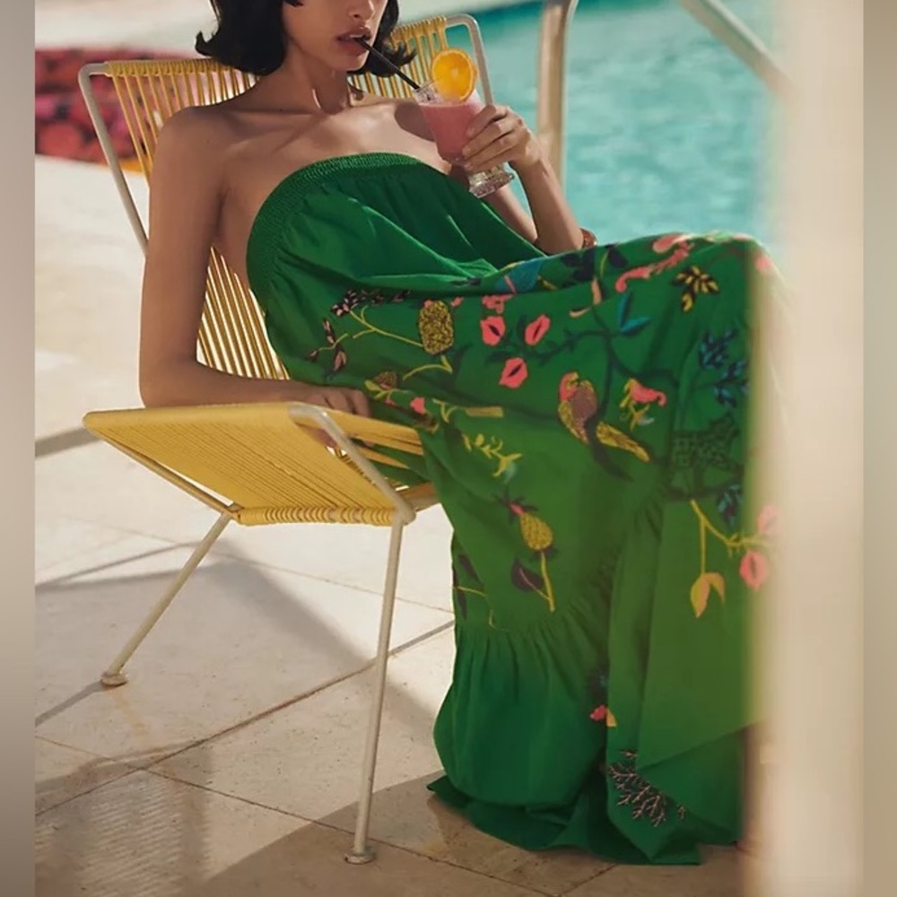 Anthropologie Rare Strapless Embroidered Ruffle Maxi Dress